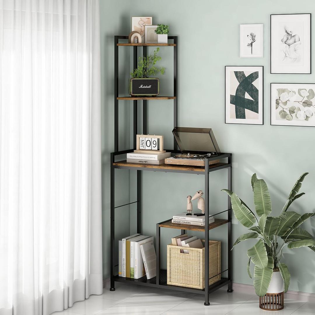 GILLAS 5 Tier Corner Shelf Stand, Freestanding Corner Shelf Unit Bookshelf, Corner Table with Shelf, Tall Storage Organizer Rack for Living Room, Bedroom, Office. Small Space, Metal (Square-shaped-B, Country Rustic)