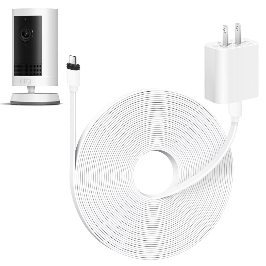 ALERTCAM 25ft Weatherproof Power Adapter for Spotlight Cam Plus/Pro (Battery) and Outdoor Cam Plus (Battery), Flat USB-C Power Cord for Continuous Power Supply to Security Camera, White
