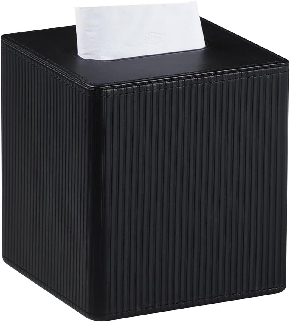 PU Leather Tissue Box Cover Square with Magnetic Closure, Modern Tissue Box Holder for Bathroom Bedroom Office Desk, Decorative Square Tissue Holder (Black)