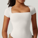 QINSEN Women's Square Neck Short Sleeve Bodysuit Soft Body Suit Tops Double Lined Shirts XXL