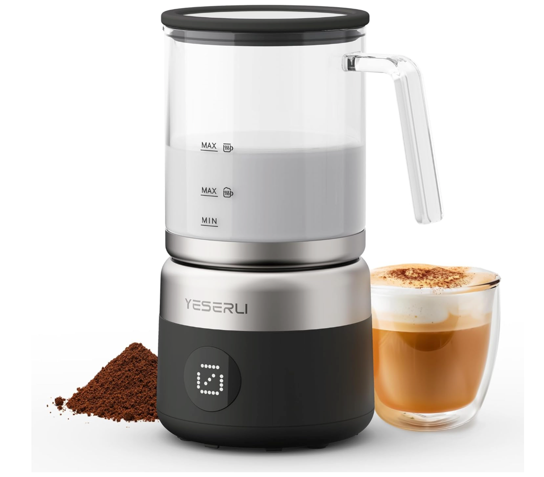 YESERLI 5in1 Split Glasscup Electric Milk Frother, 14oz OneTouch Foam Maker & Steamer for Latte/Cappuccino/Hot Chocolate, 600W Automatic Milk Warmer & Cold Froth, DishwasherSafe Glasscup BPA Free