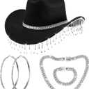 Hercicy Cowgirl Outfit for Women Western Rhinestone Cowboy Hat with Bling Silver Link Chain Necklace Bracelet Circle Earring (Black)