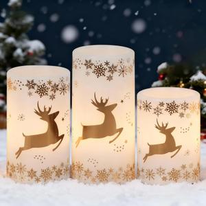 Golden Reindeer Christmas Candles with 6H Timer, Real Wax LED Candles Flameless Flickering, Battery Operated Candle Pillar for Home Dcor Christmas Decorations Gifts, 3x4/5/6 inches