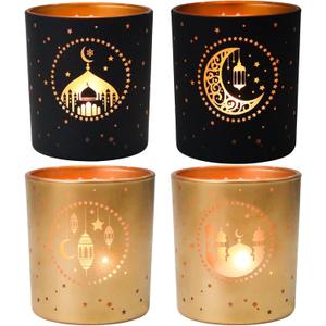 Black and Gold Ramadan Decor Set of 4, Modern Cylinder Glass Tealight Candle Holders, Eid Mubarak Table Decor, Mosque Moon & Star Votive Holders, Elegant Islamic Ramadan Gifts