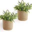 Dahey 2 Pack Wall Hanging Rope Basket with Artificial Eucalyptus Farmhouse Decor, Jute Woven Storage Organizer Flower Plants Basket Set Rustic Wall Decor for Porch Living Room Bedroom Entryway,Brown