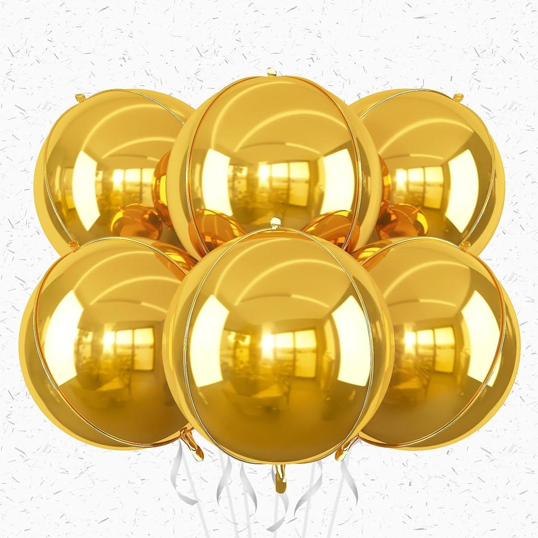 6Pcs Gold Round Foil Balloons,Giant 4D Round Ball Balloons 22 Inch for New Years Birthday Wedding Graduation Prom Party Decorations