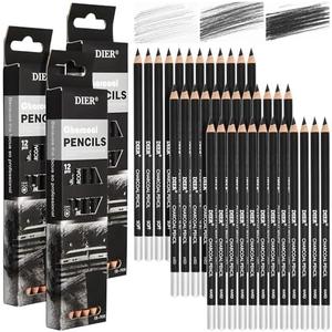 Geyoga 36 Pcs Professional Charcoal Pencils Soft, Medium and Hard for Drawing Charcoal Pencils for Sketching Shading Drawing Blending Portrait(Black,Assorted)