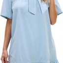 Kedera 2025 Trendy Mini Shirt Dress Bow Neck Short Sleeve Shift Dress Ruffled Hem with Side Pockets (Blue, S)