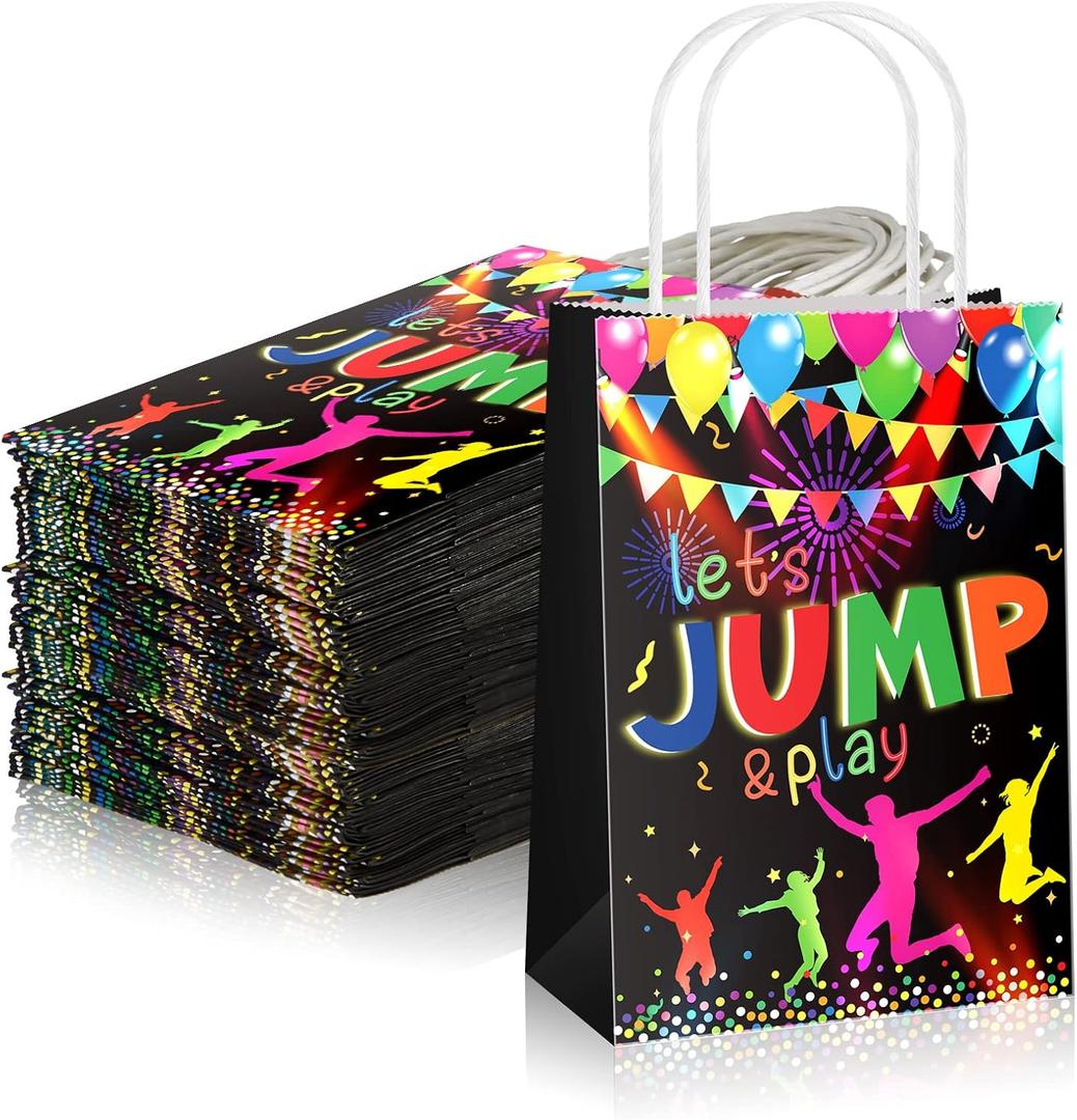 Crtiin 32 Pieces Trampoline Jump Goodie Bags Jumping Theme Party Favors Bags with Handles Paper Goodie Colorful Party Favors for Kids Adults Birthday Decoration Supplies