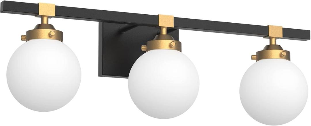 Tipace Mid Century Modern Bathroom Vanity Light Fixtures 3 Lights Milky White Glass Shades Black/Golden Bathroom Light Fixture(Exclude Bulb)