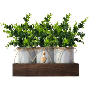 Artificial Flower Decorative Centerpiece, Frosty Green Eucalyptus Table Arrangement with 3 Rustic Metal Pots and Wood Tray for Farmhouse Home Dcor