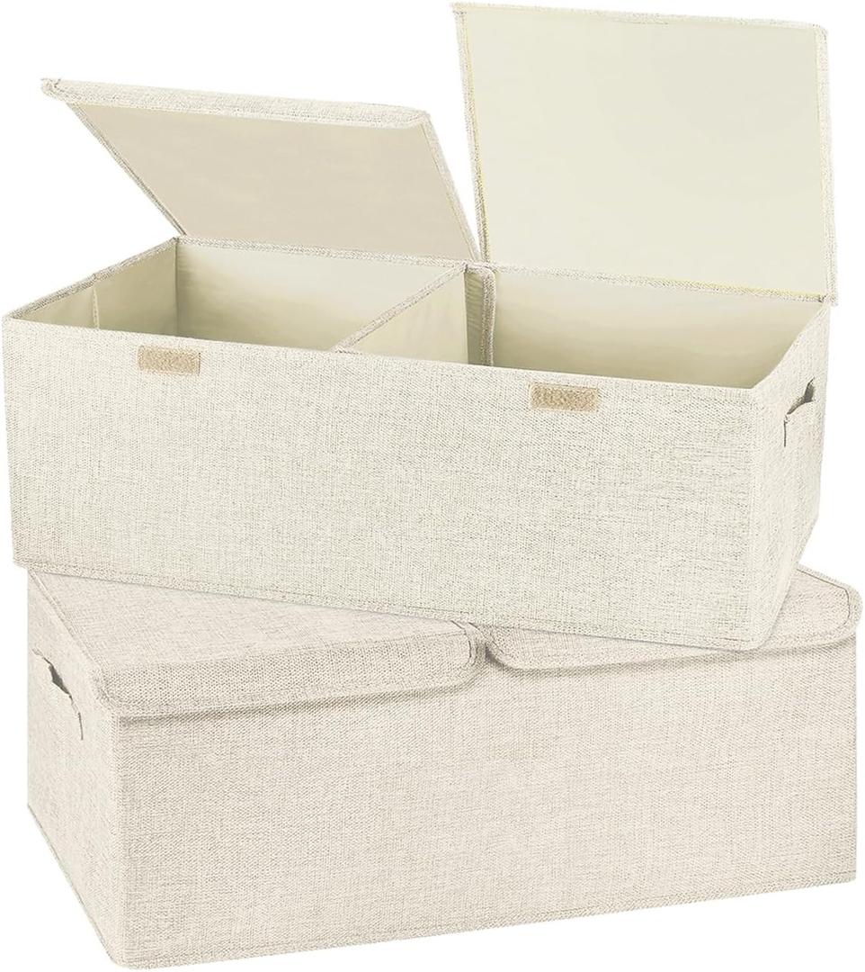2 Pack Large Storage Boxes with Lids and Handles, Collapsible Linen Storage Bins Organizer Containers Baskets Cube with Removable Divider for Home Bedroom Closet Office (Cream, Small)