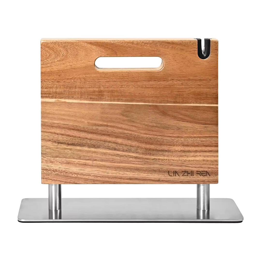 Magnetic Knife Block with Integrated Sharpener - Double Sided Walnut Wood Knife Holder - Universal Knife Stand with Non-Slip Base for Kitchen Countertop