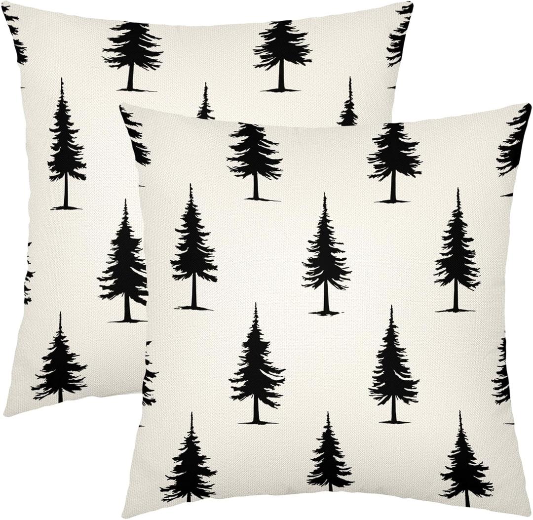 Black Pine Tree Pillow Covers 18X18 Inch Christmas Trees Neutral Rustic Forest Decorative Pillow Cases Set of 2 Winter Xmas Holiday Farmhouse Throw Pillows for Cushion Sofa Couch Outdoor