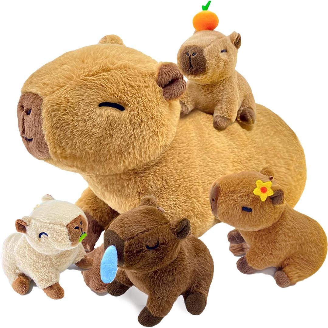 Capybara PlushCute Capybara Mommy Stuffed Animal with 4 Baby Capybara Plushies in TummyKawaii Capybara Plush Toy Gift for Kids Girls Boys