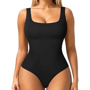 Nebility Womens' Waist Trainer Seamless Round Neck Tummy Control Shapewear Bodysuit (Black Thong Bodysuit, XS/ S)