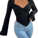 Women's Long Sleeve Square Neck Crop Top Twist Front Asymmetrical Shirt Black, XS