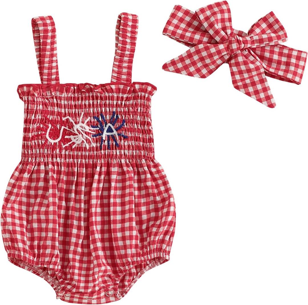 Kuriozud Valentines Day Outfit Baby Girl Bubble Romper Spaghetti Strap Onesie My First/1st Valentines Day Clothes Clothing (3-6 Months, Red Usa)