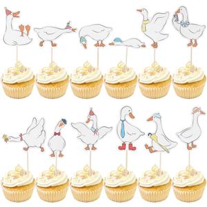 Tinoaly 24 Pcs Silly Goose Cupcake Toppers, Cute White Goose Birthday Cake Decorations for Kids Birthday Party Supplies Baby Shower Animal Theme Cake Decor