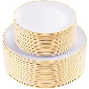 KIRE 100PCS Disposable Plates - White with Gold Rim for Party/Wedding - Includes 50Pieces 10.25inch Dinner and 50Pieces 7.5inch Dessert/Salad Plates