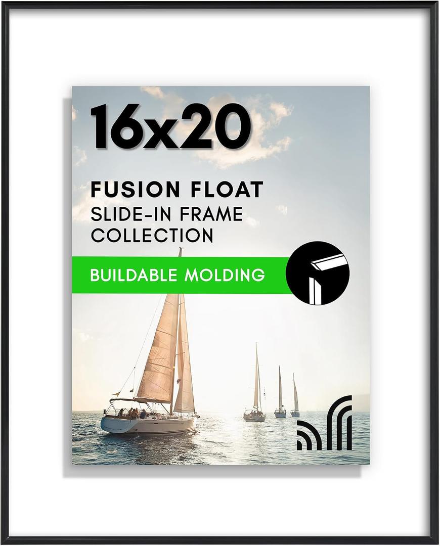 Americanflat 16x20 Floating Picture Frame with Shatter-Resistant Glass - Fits 13x19 Photos or Smaller - Slide-In Photo Frame - Fusion Float Collection - Floating Frames for Wall Display - Black