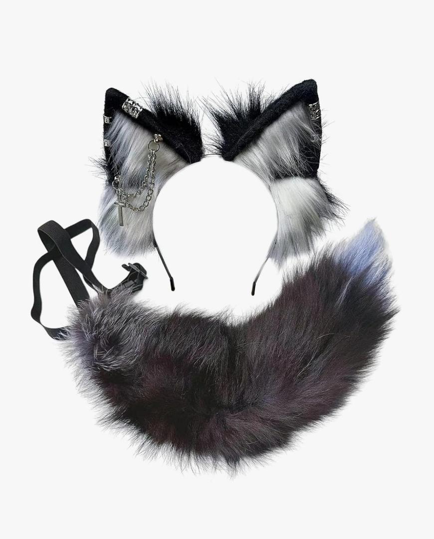 Wolf Ears Tail Set Fox Wolf Headbands Clips Fluffy Cosplay Costumes, Gothic Punk Accessories for Halloween, Color: Si Cross Bl Bu