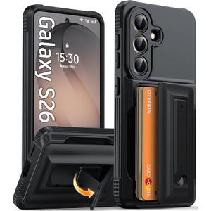 Oterkin for Samsung Galaxy S26 Wallet Case [4-5 Card Holder] [Kickstand] [RFID Blocking] [Full Camera Protection] [Military Grade Protection] Shockproof Rugged Phone Case for S26, Black