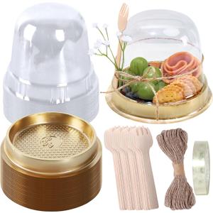 Whaline 50 Sets Disposable Individual Charcuterie Cup Clear Plastic Round Cake Boxes with Dome Lids Mini Wooden Spork Rope for Outdoor Snack Packing Open Houses Gatherings Wedding Party Event