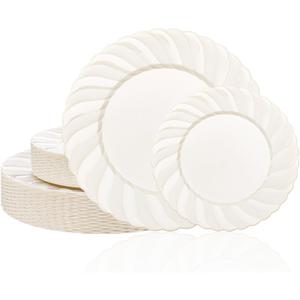 U-QE 60 Pcs Ivory Plastic Plates for Party Scalloped Plastic Plates Heavy Duty & Elegant Include 30 10.25" Dinner & 30 7.25" Dessert Plates - Perfect for Party & Wedding