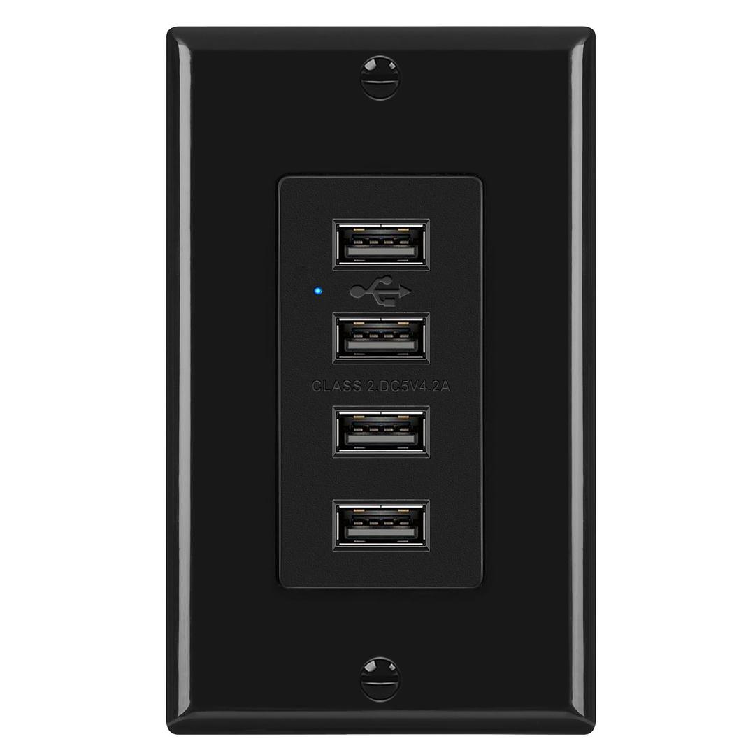 BESTTEN USB Receptacle Outlet, 4.2A/21W High-Speed 4 Port USB Wall Charging Outlet 125VAC Input, Quad Type-A Ports with LED Indicator, Decorator Wallplate Included, UL Listed, Black