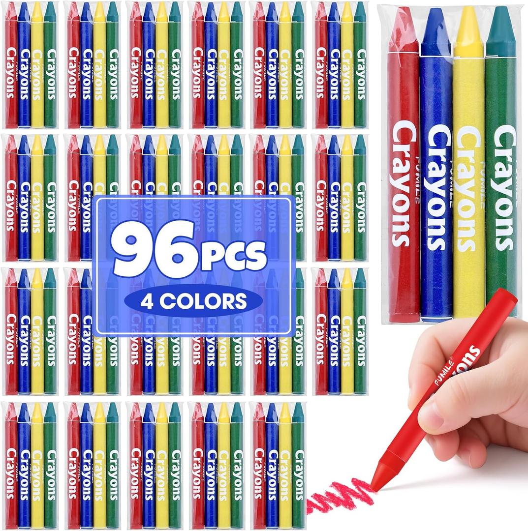 FUMILE 24 Sets of 4 Colors Crayons (96 Count), Crayons Bulk Individual Packs, Non-Toxic Mini Crayon for Kids Party Favors, Restaurants, School Supplies, Travel and More Events