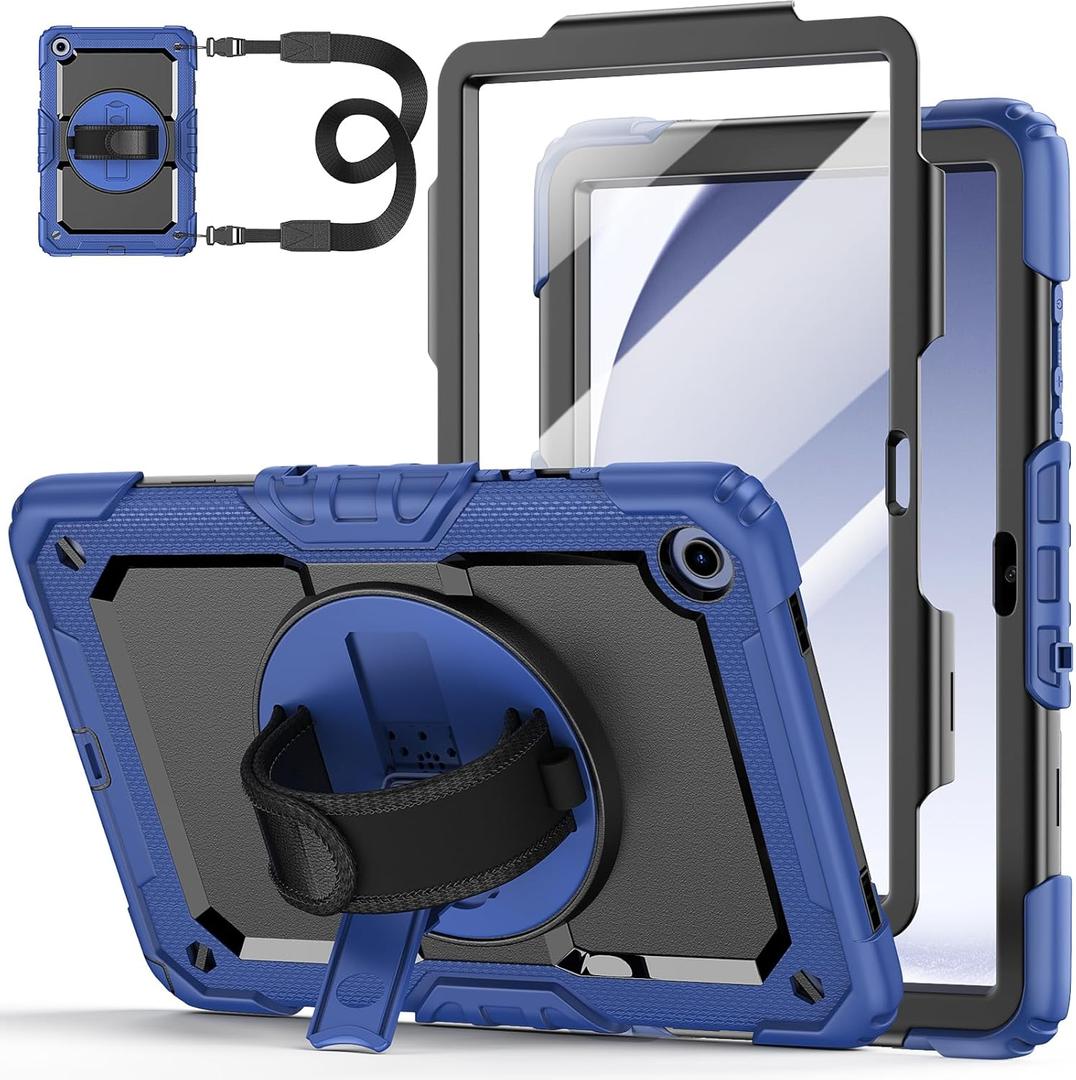 Case for Samsung Galaxy Tab A9+/A9 Plus 11 Inch 2023(SM-X210/X216/X218), Ubearkk Full-Body Drop Protection Case with Screen Protector, 360 Rotating Stand and Hand/Shoulder Strap, Navy Blue