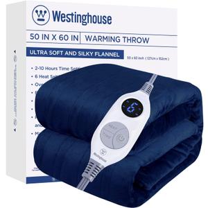 Westinghouse Electric Blanket Heated Throw, Super Cozy Soft Flannel 50"" x 60"" Heated Throw with 6 Fast Heating Levels & 2-10 Auto-Off, Machine Washable, ETL&FCC Certification, Navy Blue