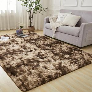 Andency Area Rugs 9x12 for Living Room Home Decor, Large Shaggy Bedroom Carpet, Non-Slip Big Shag Indoor Thick Soft Fluffy Furry Fur Area Rugs for Kids Dorm Nursery Aesthetic, Tie-Dyed Brown