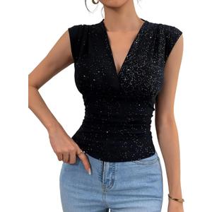 Summer Tops for Women V Neck Going Out Tops Stretchy Sequin Tank Sexy Casual Outfits 2025 Black (X-Large) (Black, XL)