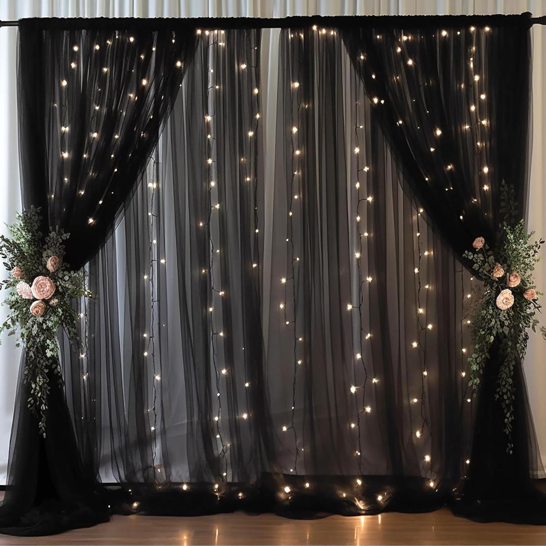 20x10ft Black Tulle Backdrop Curtain with Lights String for Parites, Sheer Backdrop Curtains for Wedding Baby Shower Birthday Party Photo Shoot Decorations (20ft x 10ft(4 Panels 5*10ft))