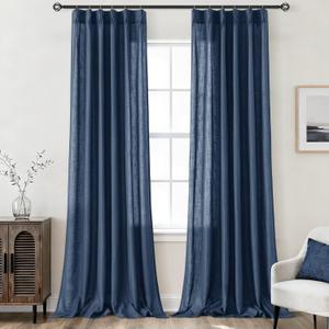 Navy Blue Pinch Pleated Long Linen Curtains 96 inch Length 2 Panels Set Living Room Curtains for Track System Neutral Modern Elegant Light Filtering Semi Sheer Linen Blend Pinch Pleat Drapes 8 FT