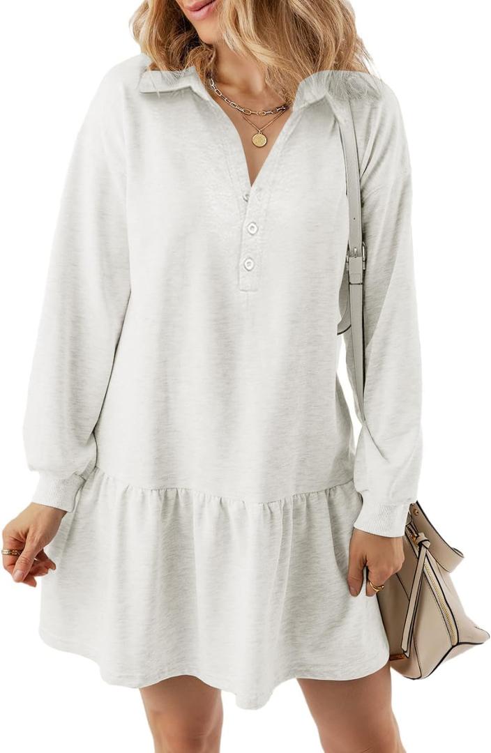kipfall Women's Casual Dresses Long Sleeve Button V Neck Sweatshirt Dress Lapel Collared Pullover Dress (White, L)