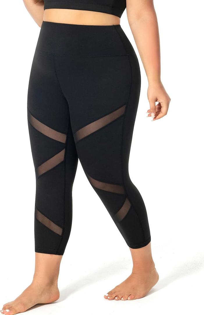 MEJING Capri Plus Size Leggings with Pockets for Women - Black High Waisted Tummy Control Soft Yoga Pants for Gym Workout, 3XL