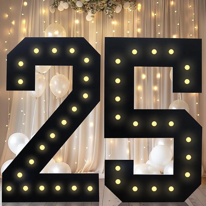 4FT Marquee Light Up Numbers, Black Giant Marquee Number Big Mosaic Number for 25th Birthday Party Decorations Backdrop 25 Anniversary Decor, Pre-Cut Frame Large Number 25