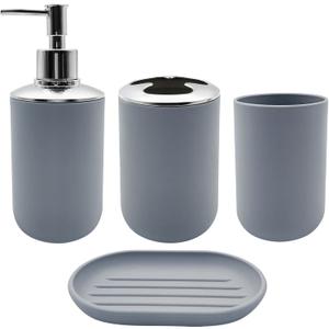 Bathroom Accessory Set, 4 pcs Shatter-Resistant Resin Bathroom Accessories Set Include Lotion Soap Dispenser Toothbrush Holder Soap Dish Modern Bathroom Decor, Gift for Home (Grey 4pcs)