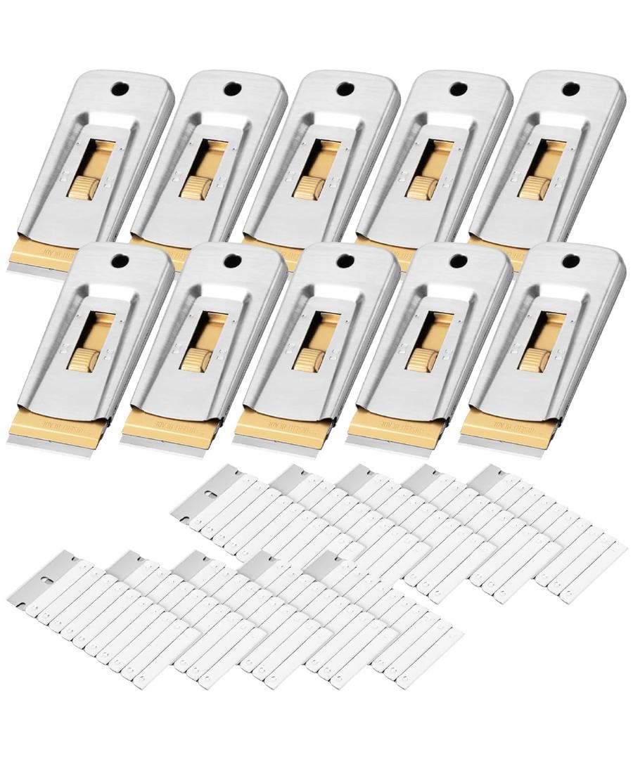 Bates- Metal Razor Blade Scraper Tool, 10 Pack, 100 Extra Blades, Stainless Steel Heavy-Duty Cleaning Razor Scraper Tool (Silver)