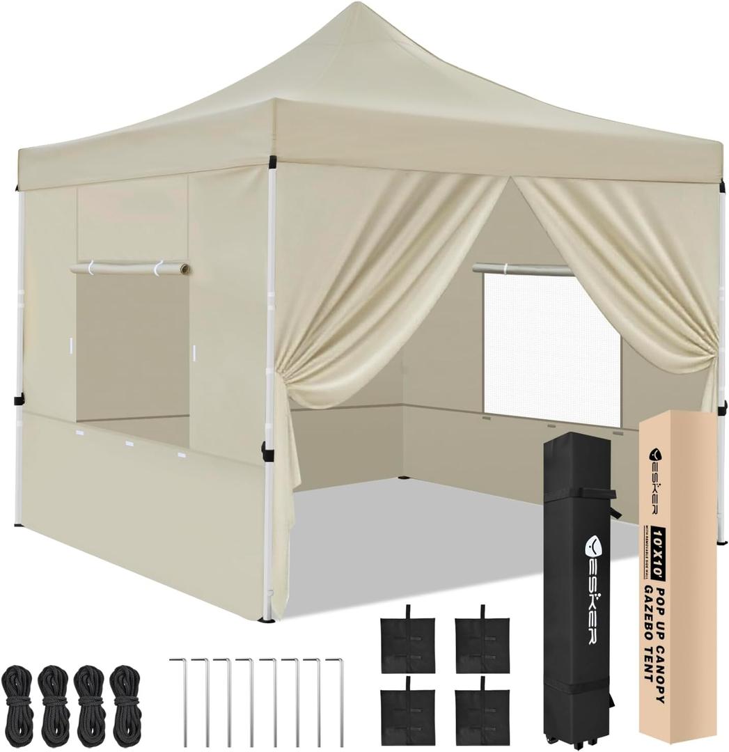 Yesker 10x10 Pop Up Canopy Tent with 4 Sidewalls Portable Folding Outdoor Canopy Easy Setup Gazebo Waterproof Instant Shelter Tent w Wheel Carry Bag sandbag for Events Parties Camping, Khaki Brown
