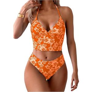 Floerns Women's Floral Print Halter Neck Tankini Top Two Piece Bathing Swimsuit (X-Large, Orange)