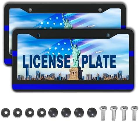 License Plate Frames for Women Blue Black Automotive Exterior Accessories for Men Blue Line Aluminum Metal Car Accessory 2 Pack with Screw Covers Set