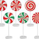 6 Pcs Wooden Christmas Peppermint Sign Holiday Red Green Candy Canes Wood Block Standing Topper Farmhouse Lollipop Table Centerpiece for Xmas Party Home Kitchen Tiered Tray Decor