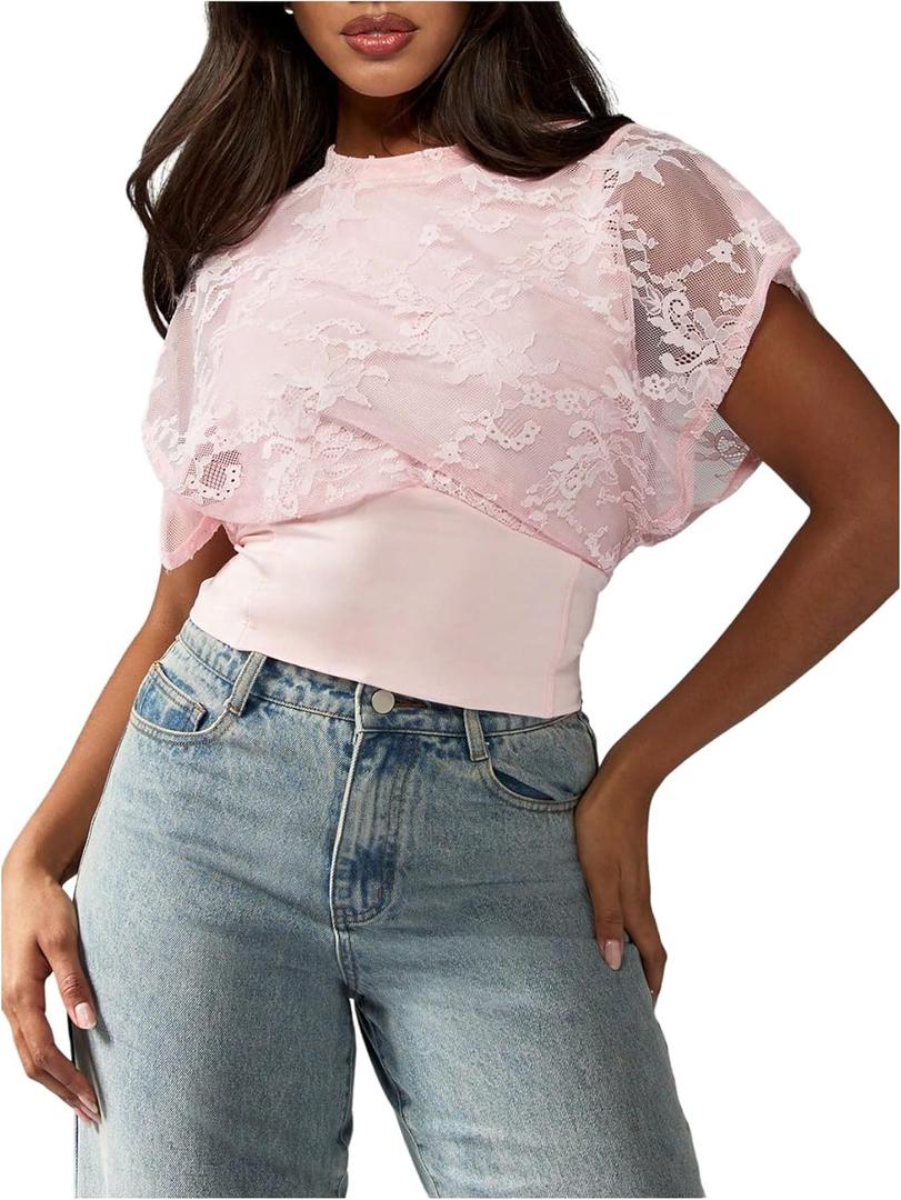 MakeMeChic Women's Elegant Summer Floral Lace Crew Neck Tee Shirt Short Sleeve Crop Top (Pink, M)