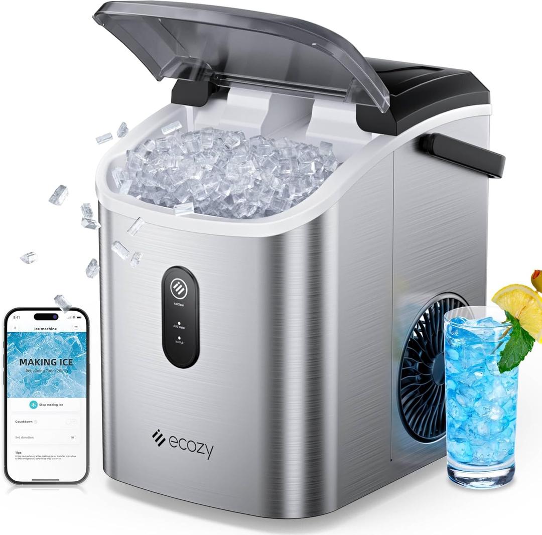 ecozy Nugget Ice Maker Countertop, Smart Portable Crushed Ice Maker with Voice Control, Pellet Chewable Ice 33lbs/24H, Self-Cleaning, with APP WiFi, Timer Function, TDS, for Home/Travel/Office/Party (Silver)
