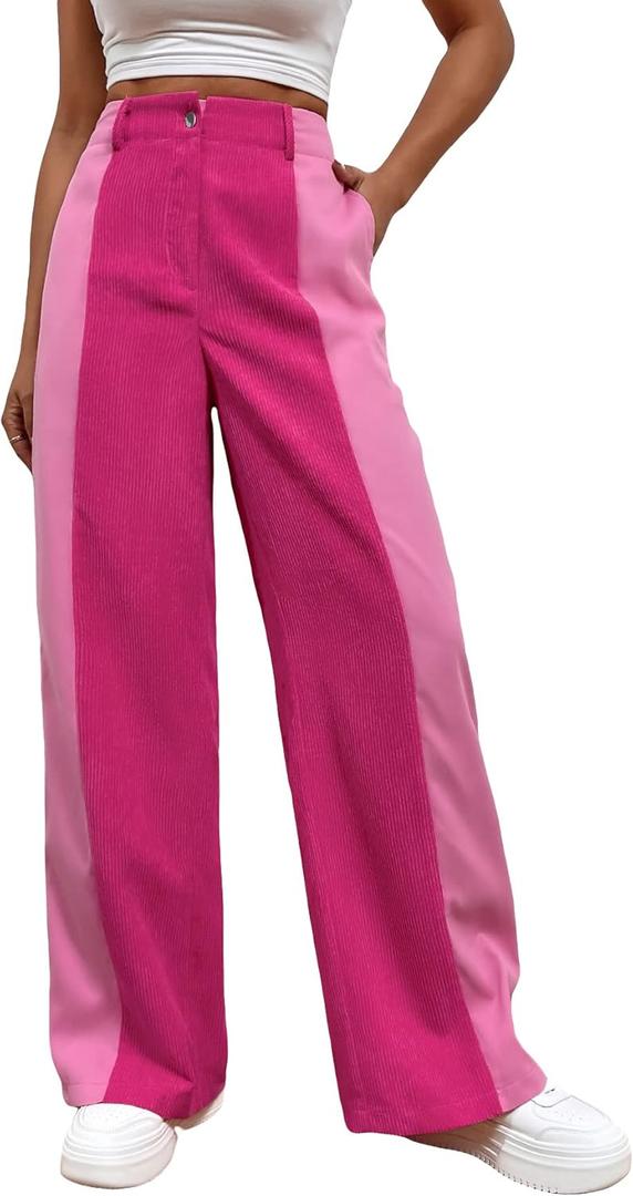 WDIRARA Women's High Waisted Color Block Straight Leg Casual Loose Pants with Pocket Two Tone Pink XS