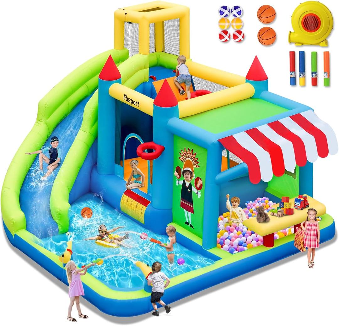 FBSPORT Inflatable Bounce House Water Slide, Bounce House for Kids with Toy Market Stand Splash Pool Bouncer Climbing Wall Water Gun Ball Dart, Bouncy Castle W/620W Blower for Outdoor Indoor, Green